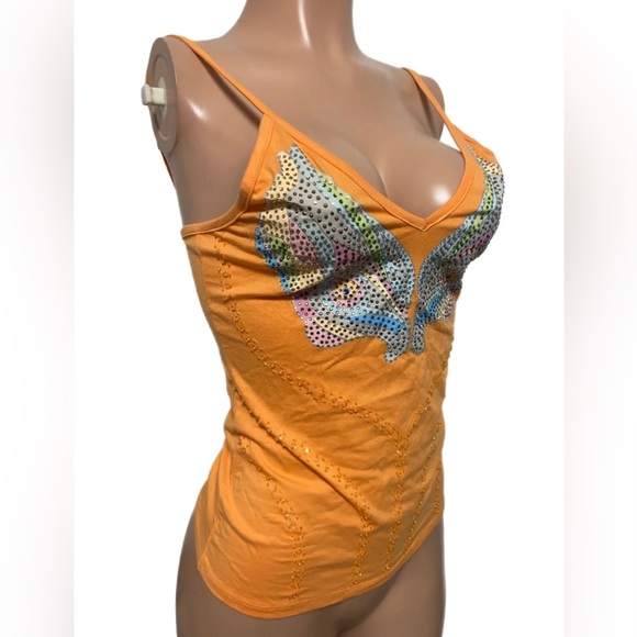 Orange Glam Embellished Butterfly tank top S-L new - Picture 2 of 5